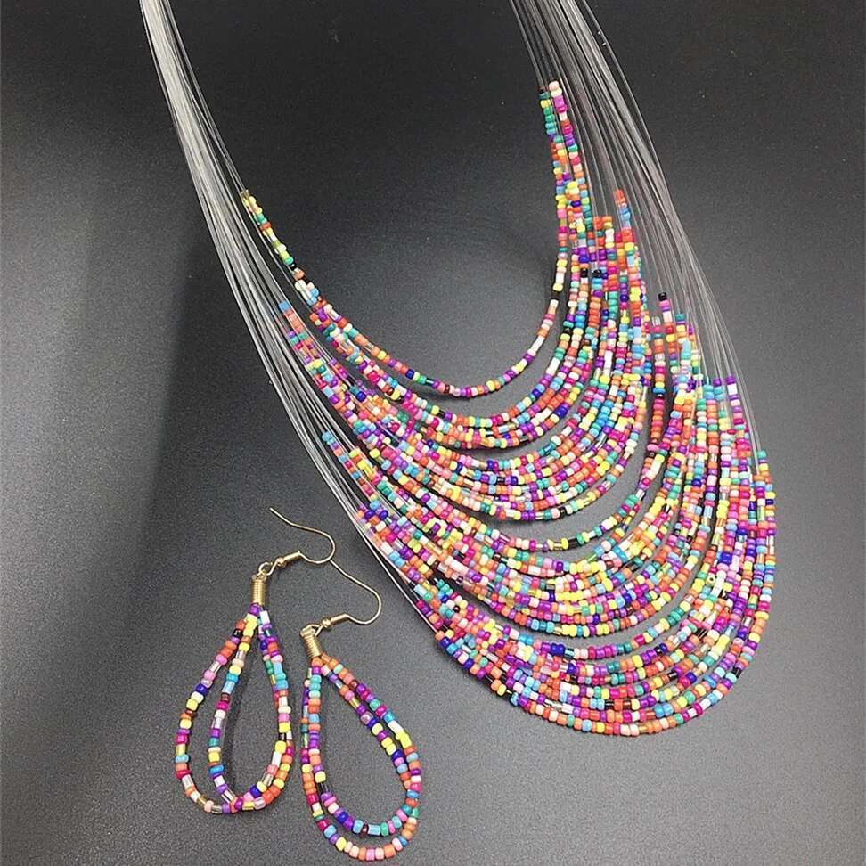 Bohemian Vacation Style Rice Beads Handmade For Women Multilayer Necklace & Earrings Set Jewelry Ladies Accessories