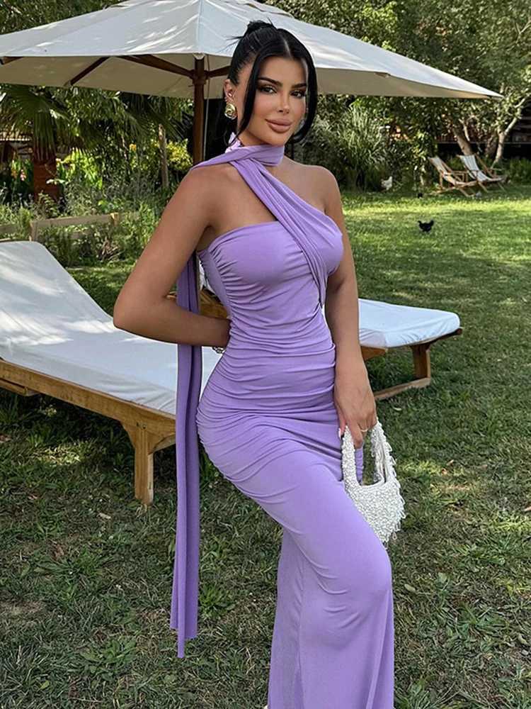 Elegant strapless pleated shoulder slanted collar sleeveless backless sexy summer party vacation club womens Maxi dress W250430