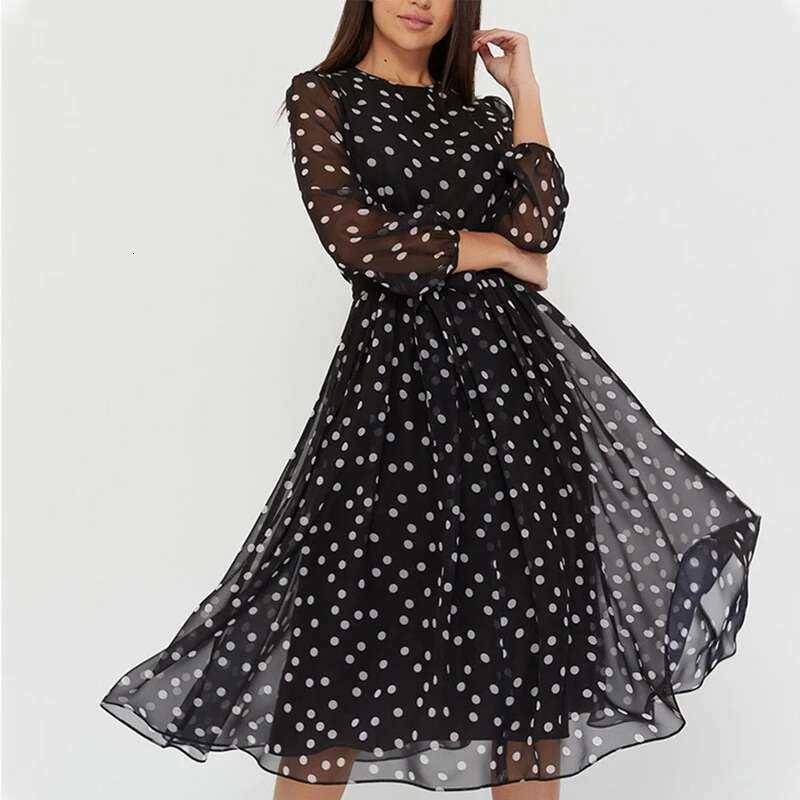 Spring and Summer Chiffon Long Sleeved Solid Color Polka Dot Dress Elegant Lantern Sleeve Round Neck High Waisted Dresses