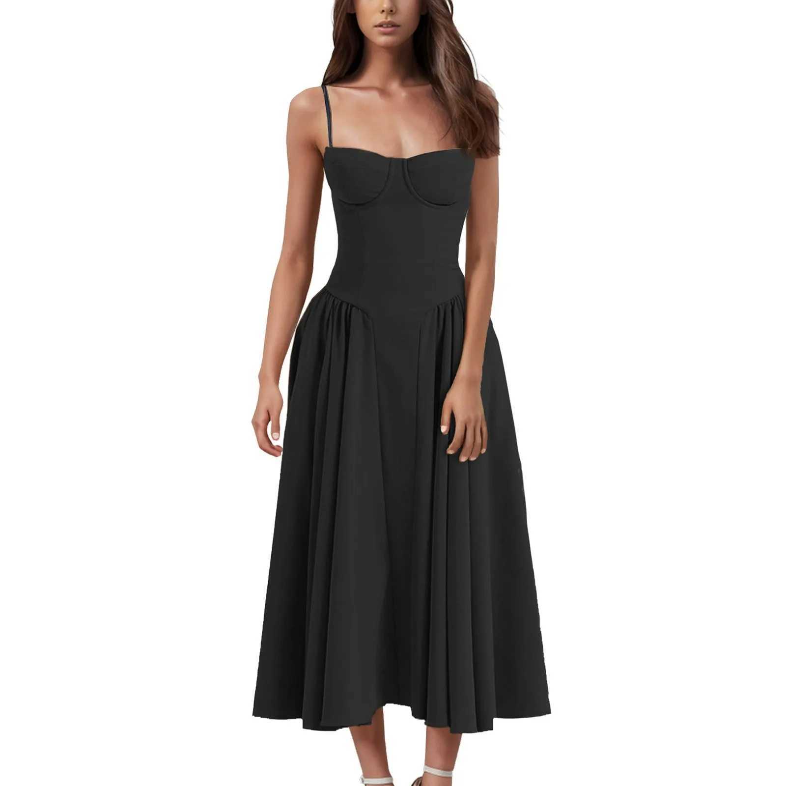 Elegant Italian spaghetti shoulder strap sleeveless A-line Midi womens summer new item backless pleated slip skirt womens fashionable loose dress W250