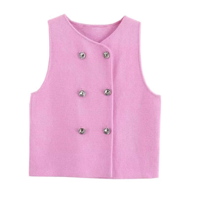 TRAF Sweater Lady Sleeveless Pink Knitted Vest For Women Fall Round Neck Short Sweaters Elegant Knit Vests Woman fashion clothing women