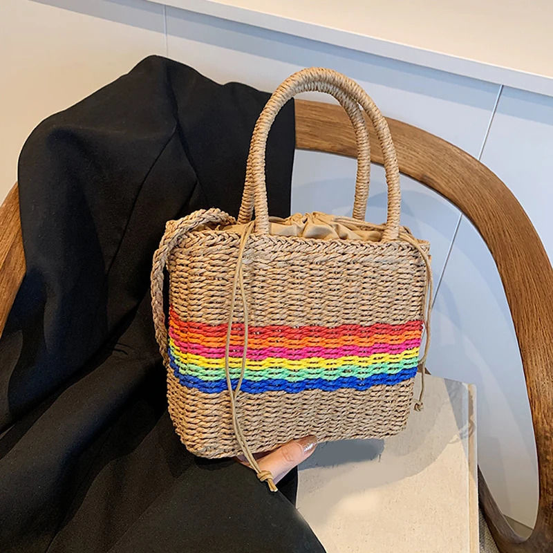 Womens cross bag with pull rod womens handbag Versatile Straw rainbow suspender womens casual shoulder bag 250427
