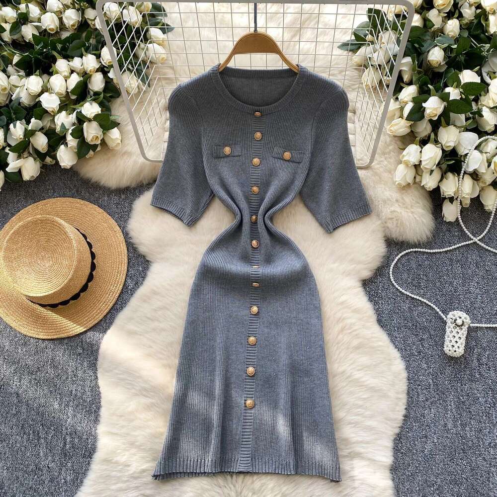 REALEFT Elegant Short Sleeve Knitted Dress For Women 2025 New Spring Summer Fashion Round Neck Buttons Casual Women's Dresses