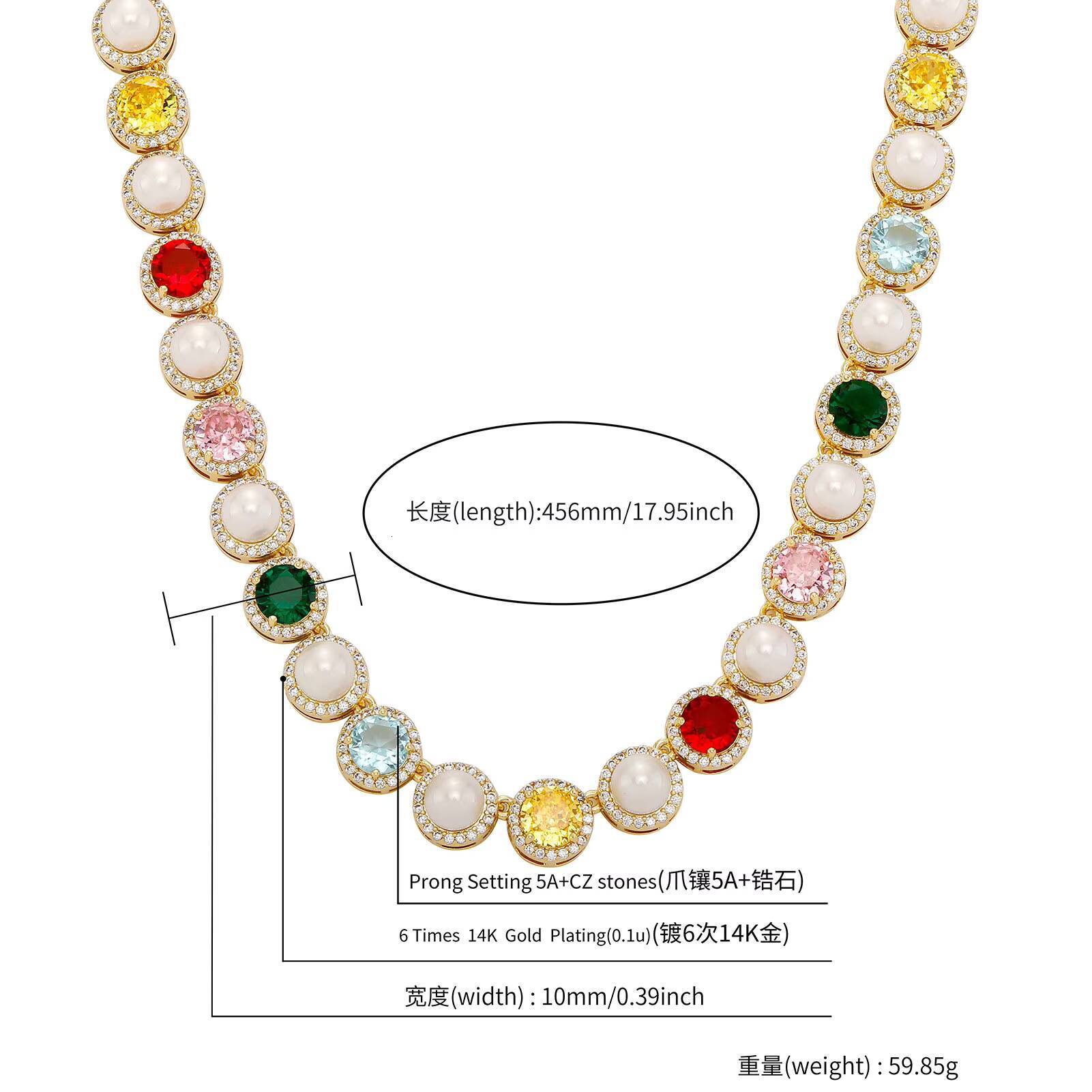DE Chic Dazzling Fashion Brass Jewelry Iced Out 18k Gold Plated Bling Pearl Link Chain Colorful Gemstone Zircon Necklace