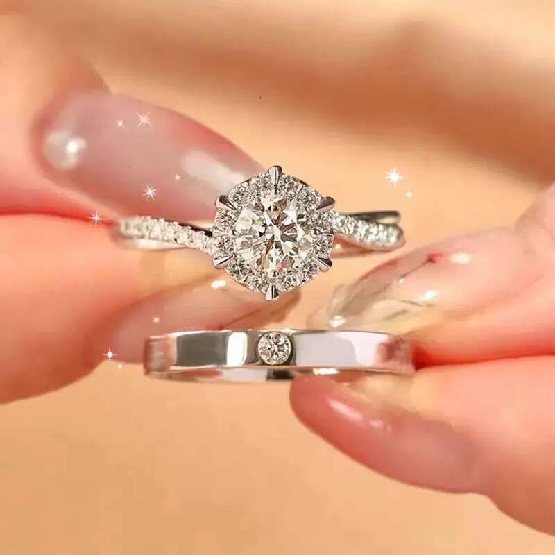 High-End Six-Claw Simulated Diamond Ring for Women, Simple Fashion Style Zircon Couple Rings, Proposal Wedding Open Rings Wholesale