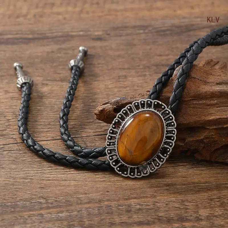 Vintage Stone Cowboy Hat Bolo Tie Western Punk Faux Leather Rope Necktie Jewelry Shirt Chain Necklace for Men Women 250430