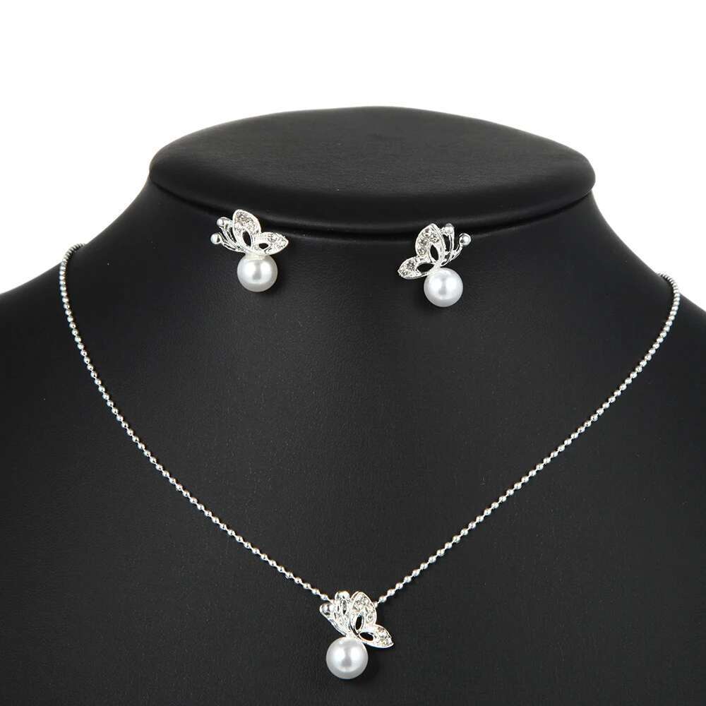 2022 New Fashion Full Rhinestone Butterfly Imitation Pearl Earrings And Necklace Jewelry Setfor Women Gifts Wholesale