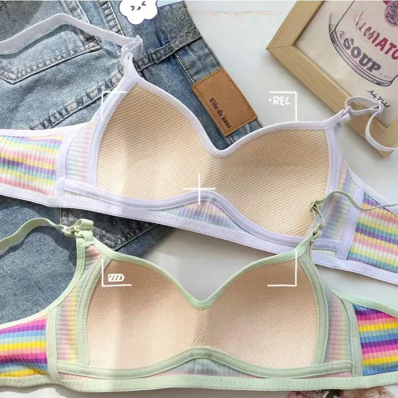 Dopamine Girl Rainbow Stripe Colorful Small Chest Stainless Steel Ring Underwear Back Bra High Impact Sports Plus Size 250430