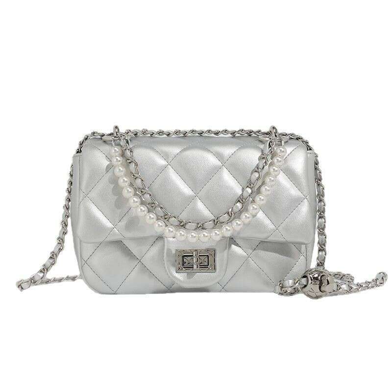2024 summer new niche classic diamond grid embroidery thread small square bag, fashionable pearl chain single shoulder crossbody women's bag