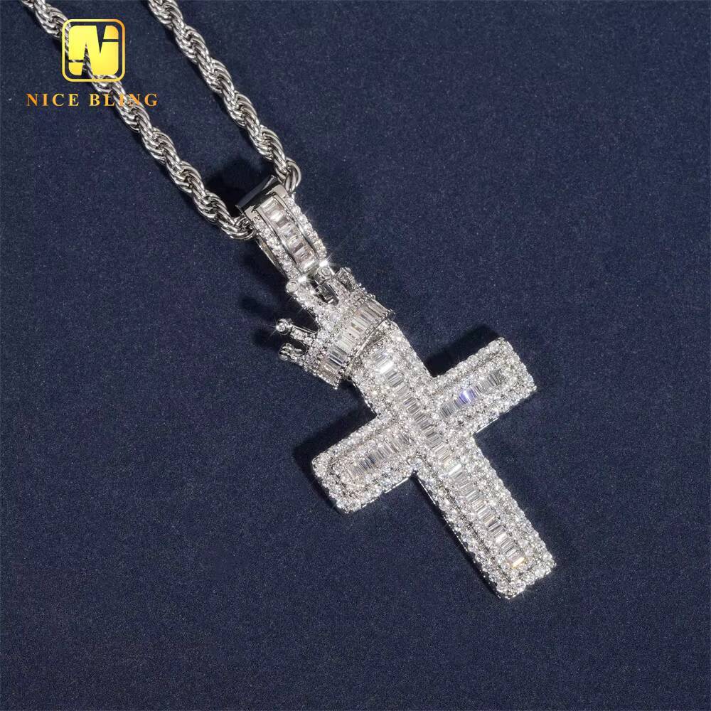 NEW ARRIVAL Crown Cross Pendant Baguette Moissanite Hip Hop Pendant Jewelry Moissanite Pendant