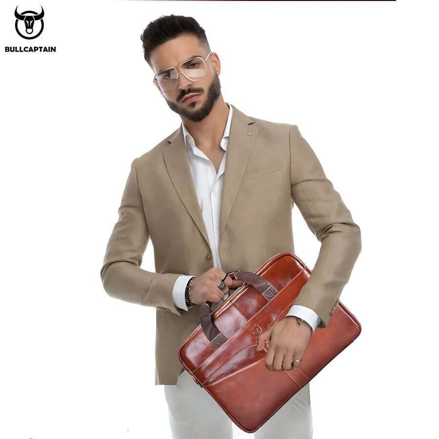 BULLCAPTAIN Genuine Leather Shoulder Bag 15 Inch Laptop Case Men's Briefcase Classic Office Business Handbag