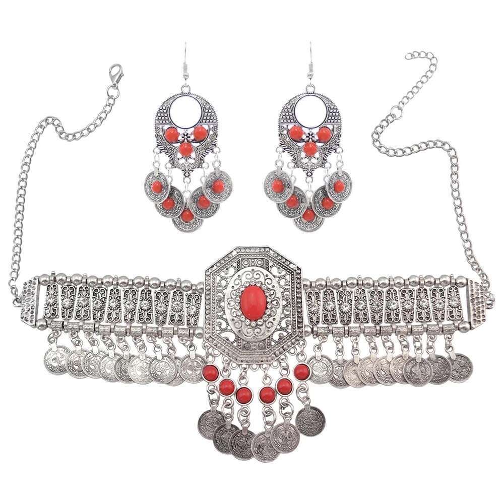 Red Acrylic Stone Coin Collar Choker Necklace Dangle Earrings Set For Women Bohemian Gypsy Afghan Turkish Antique Indian Jewelry