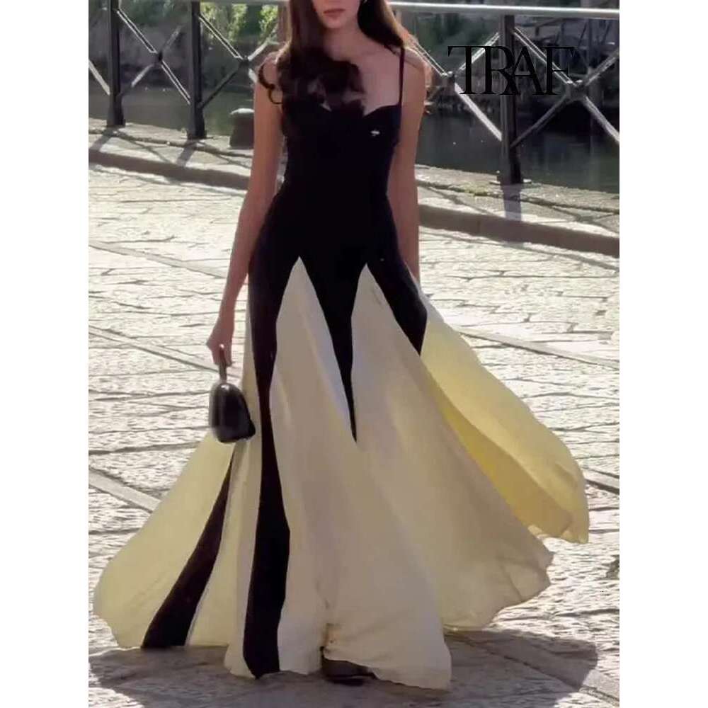 TRAF Women Fashion Pleated Ruffle Hem Lace Bustier Backless Halter A-Line Dresses Sexy Lady Maxi Beach Party Gowns