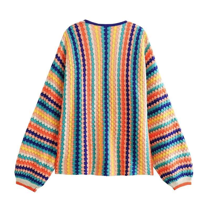 Autumn spring Cardigan Stripe Sweater Casual Multi-color Hand Hook Loose Knit Women's Clothing Knitwear Soft Warm Female Tops fashion clothing wo