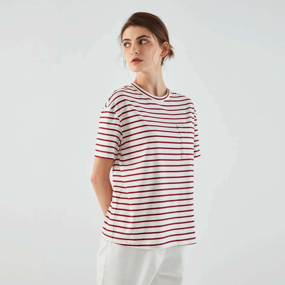 K1334l Casual Stripe 100% Cotton Crop Top T Shirt For Women Ladies Tshirt Women's Striped T-Shirt Clothing