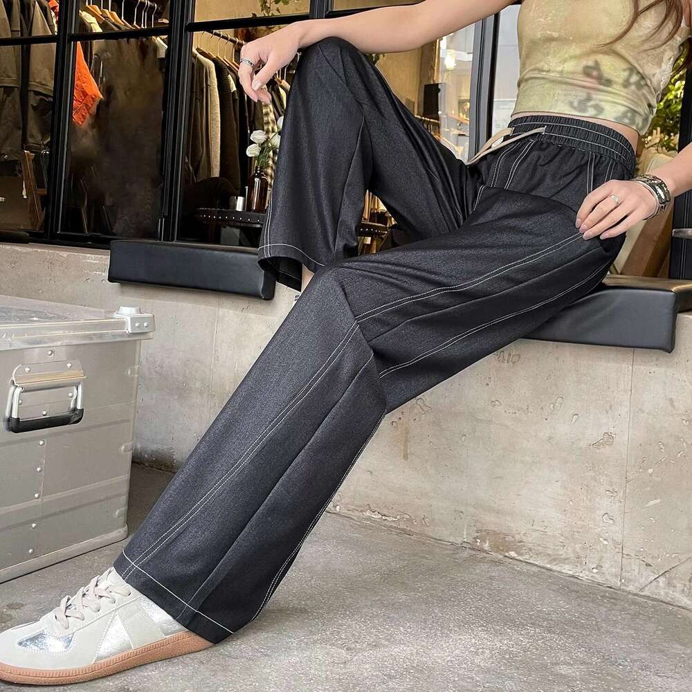 2025 New Spring Summer Ice Silk Women's Wide Leg Full Pants High Waist Lace-up Female Elegant Straight Loose Trousers