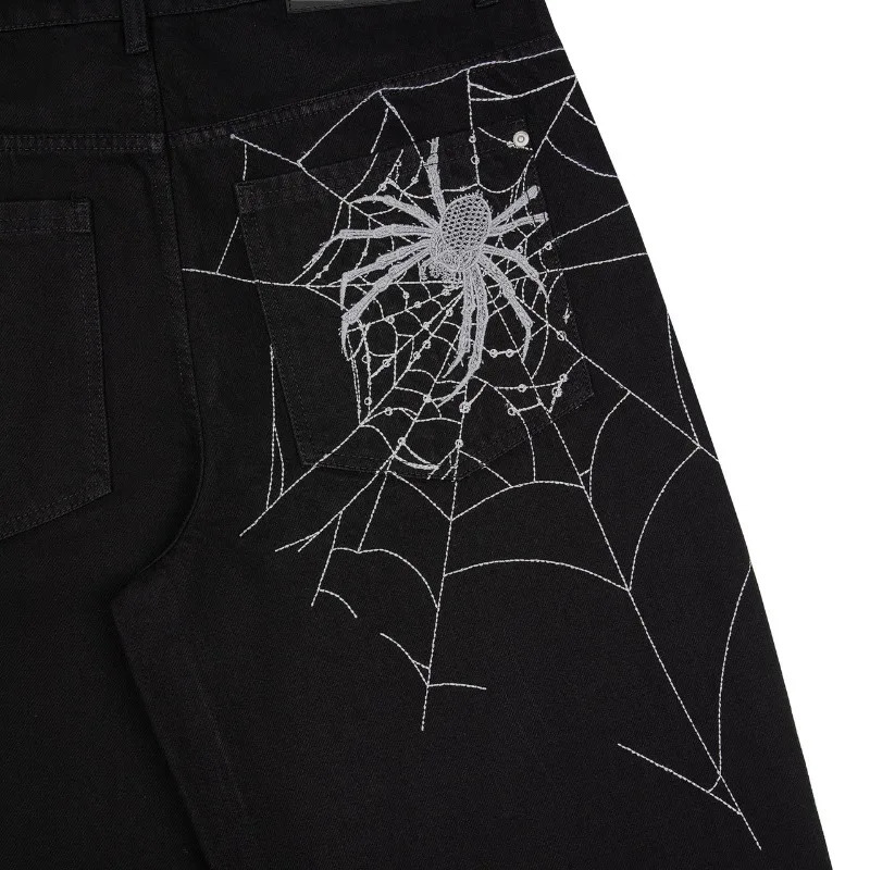 Y2K man jeans vintage Spider web embroidery vintage pattern wide leg pants American style street wear Rock Hip Hop Denim jeans 251129 - view 4