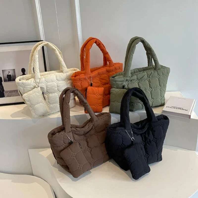 Fashion Quilted Embroidery Thread Handbag Lightweight Puffy Top Handle Large Capacity Ladies Small Totes Bag With Mini Purse Bag