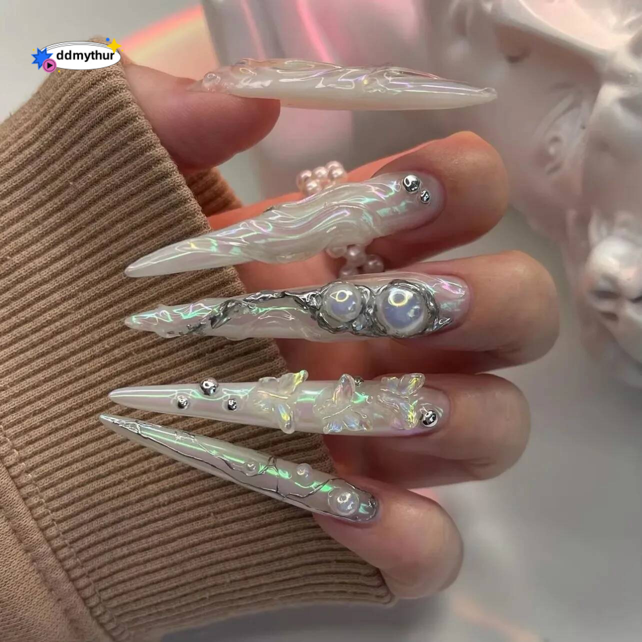 Extra Long Pointed Fake Art Butterfly Pearl Exaggerate Dark Y2K Black Spider Rhinestone False Nail Press on Nails Manicure ddmythur