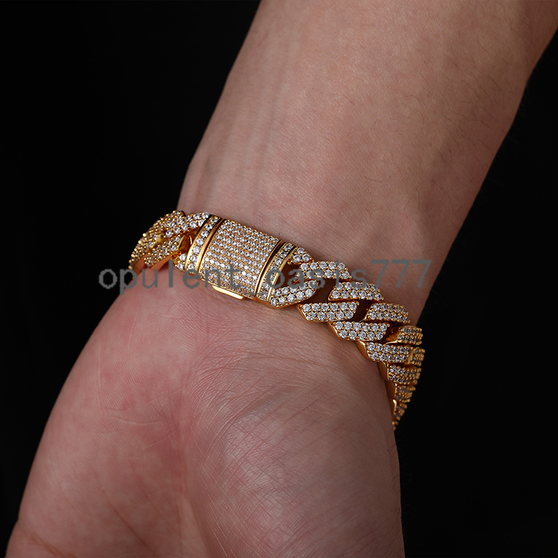 New Arrival Bileklik Hip Hop Jewelry Fashion Anklet 15mm Gold Plated Copper 2 Rows moissanite Stone Miami Cuban Link Chain Bracelet