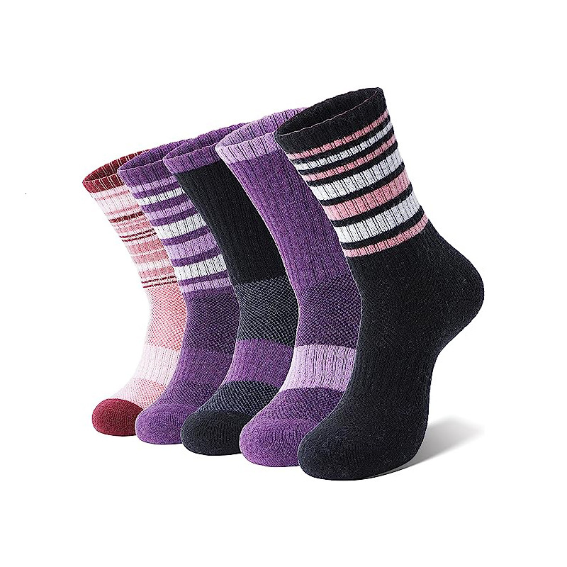 Merino wool for women's warm winter boots, work padded socks, outdoor mid length striped hiking socks