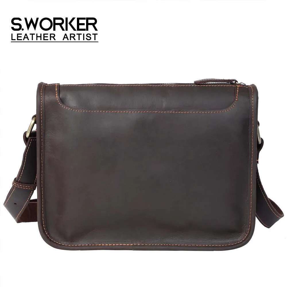 S.WORKER Vintage Genuine Leather Men's 11" Messenger Crossbody Bags Crazy Horse Cowhide Shoulder Bag Top Layer Fashion