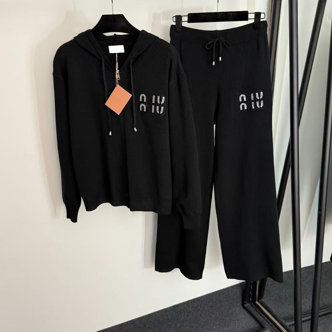 Women's Tracksuits Designer WiuWiu Style Knit Loungewear Women Hooded Zipper Top Pants Matching Set