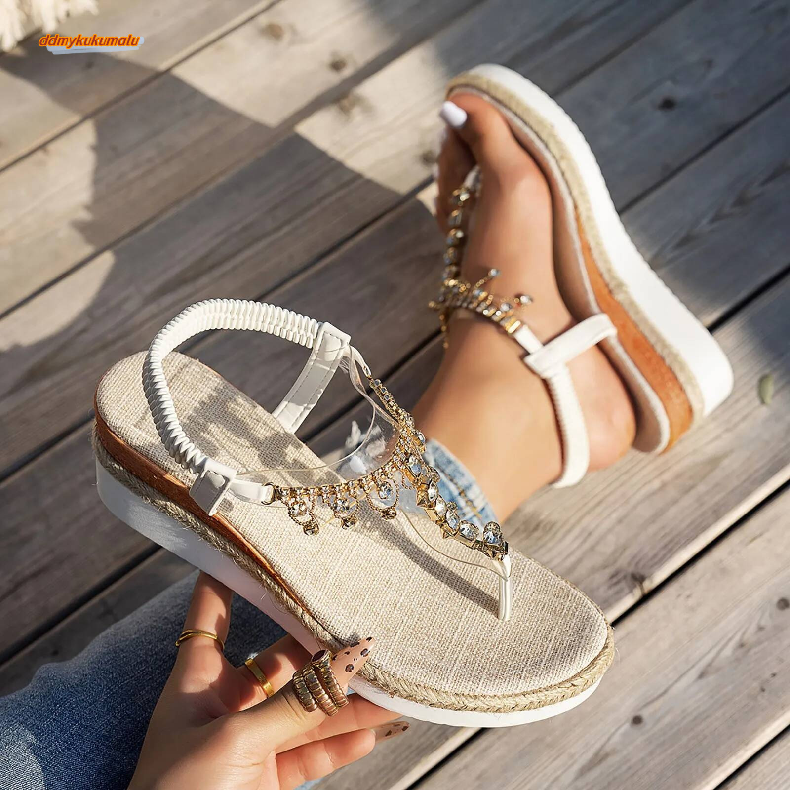 Womens Bohemian Rhinestone For Fashion Wedge Heel Thick Sole Comfortable Sandals for Women Fancy ddmykukumalu