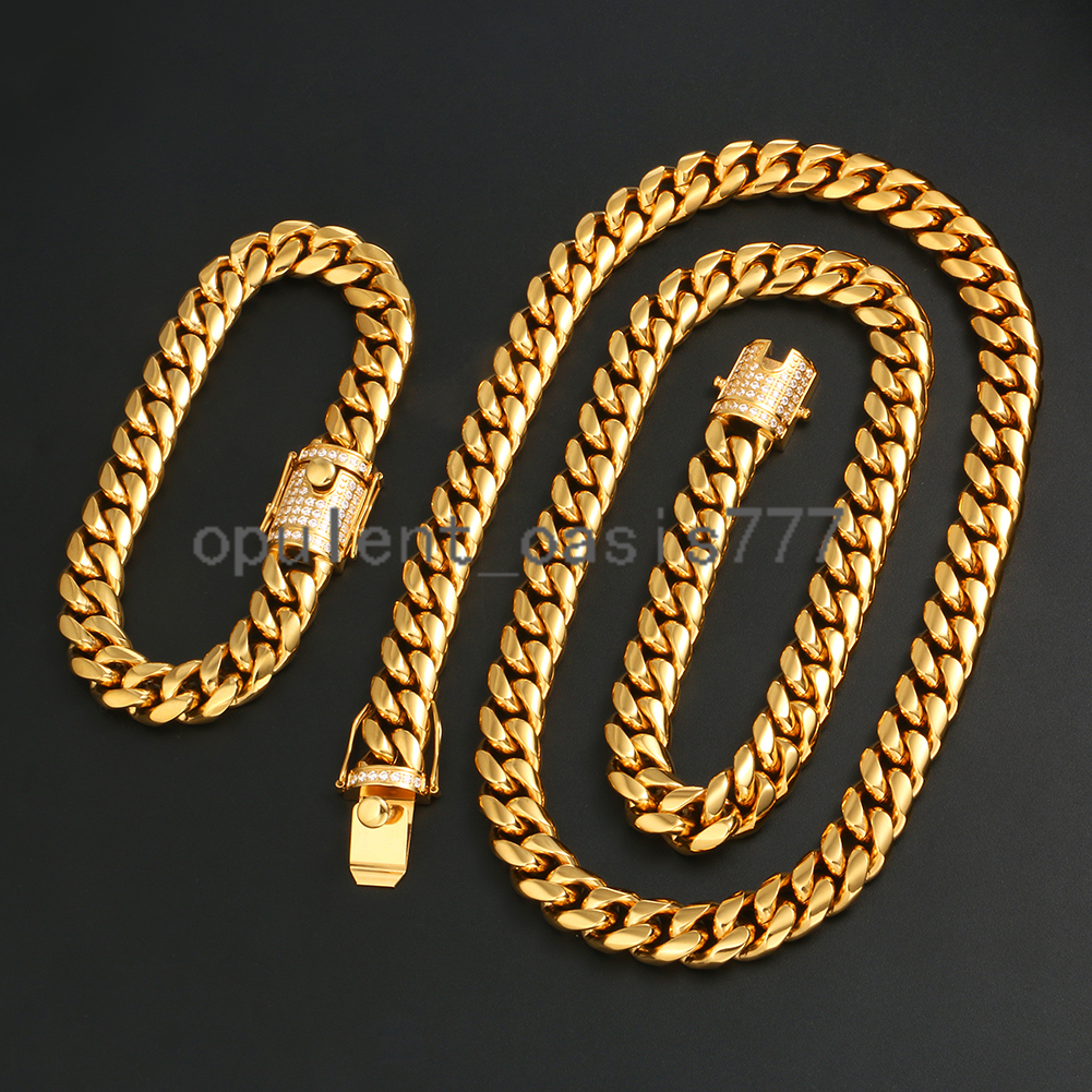 Hip Hop Jewelry Waterproof 12mm PVD Plated Gold Color Stainless Steel moissanite Iced Out Cuban Bracelet for Men