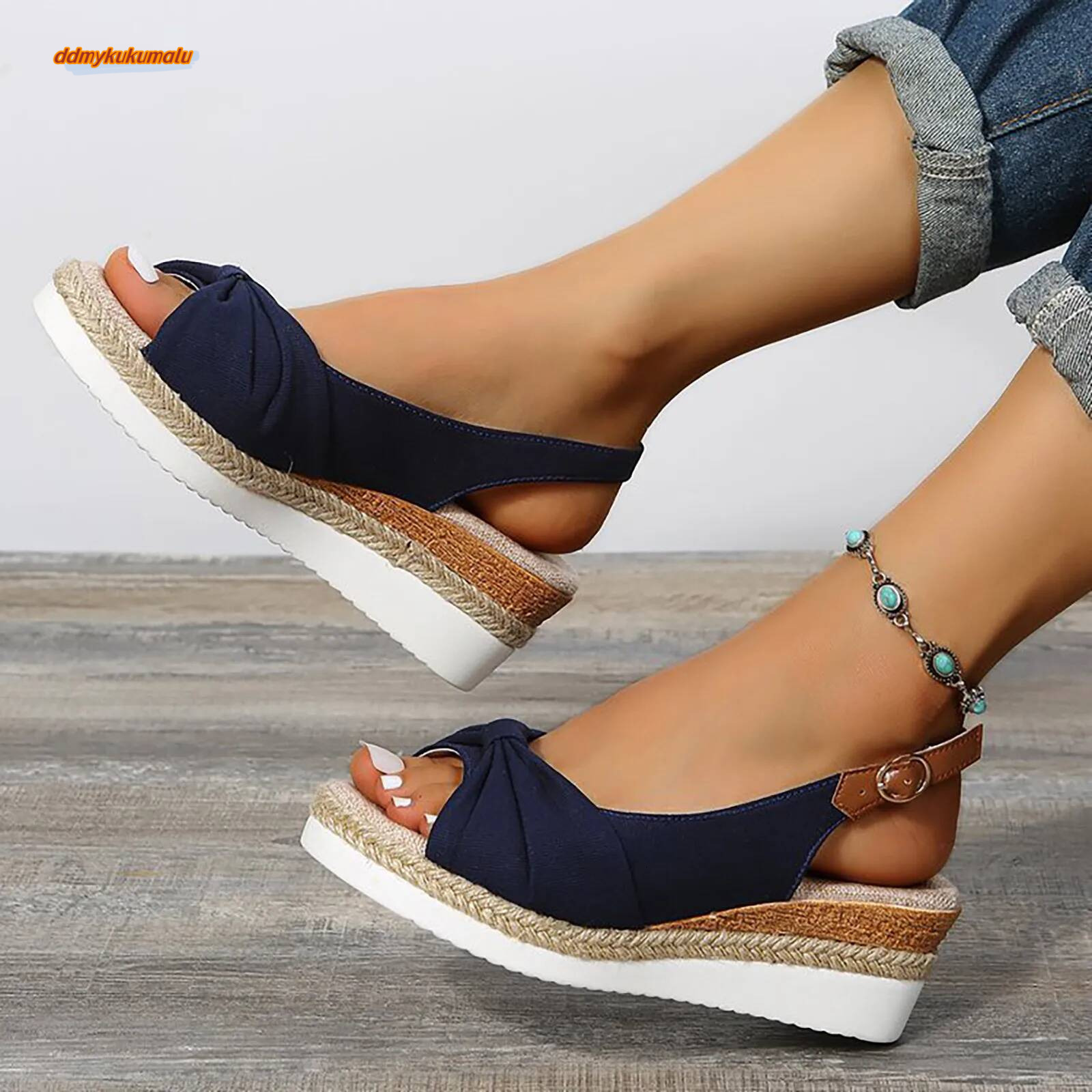 Fish Mouth Fashion Solid Fabric Wedge Heel Buckle Shallow Cut Sexy Women'S Sandals Summer 2024 ddmykukumalu