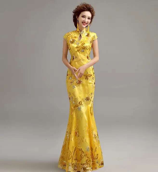 Chinese Traditional Dress Long Chipao Sequin Gold Cheongsam Women Host Stage Oriental