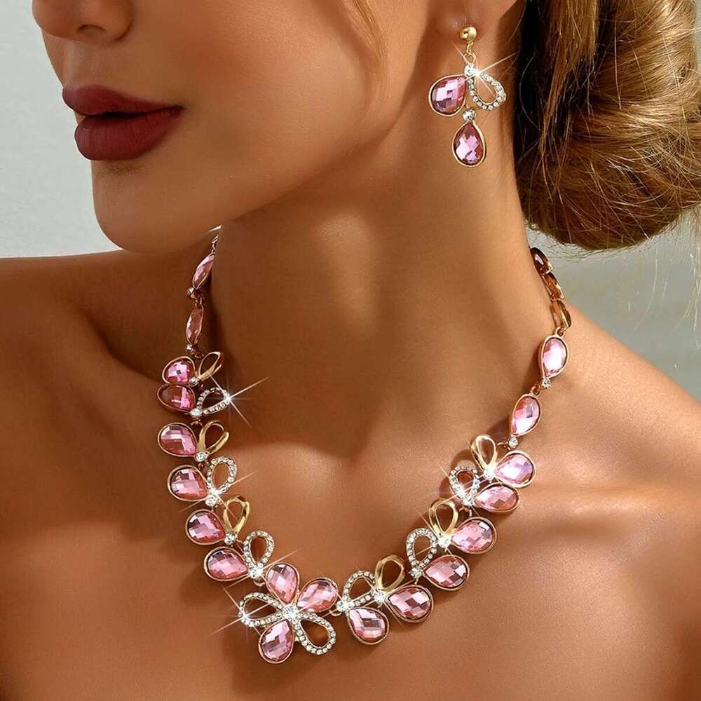 3Pc Women's Fashion Waterdrop Flower Necklace Earrings Jewelry Set Suitable For Wedding, Party, Festival Gifts-8039