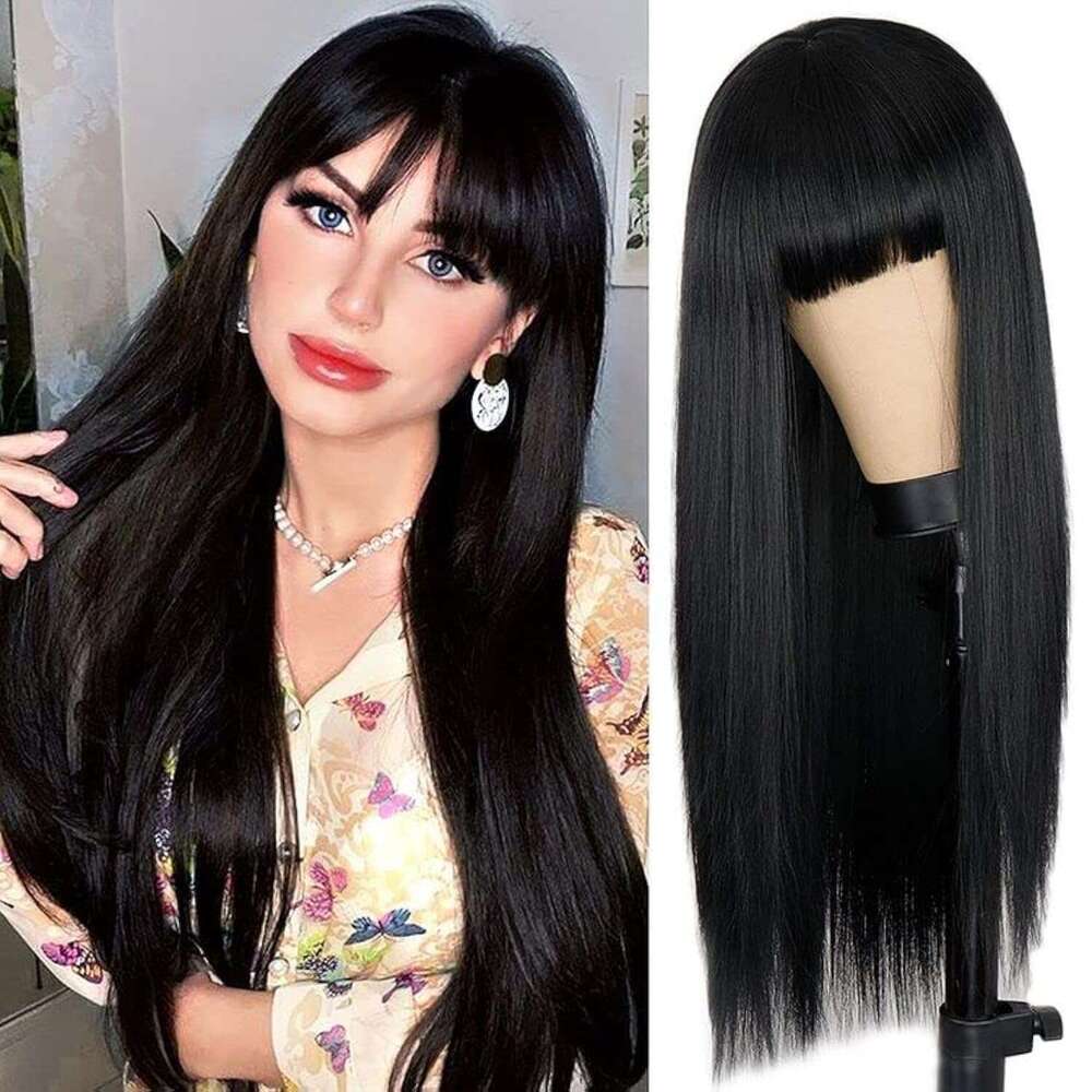 Netgo Women, Long Straight Black Wig with Bangs, Natural Looking Heat Resistant Synthetic Cosplay Party Wigs for Girls