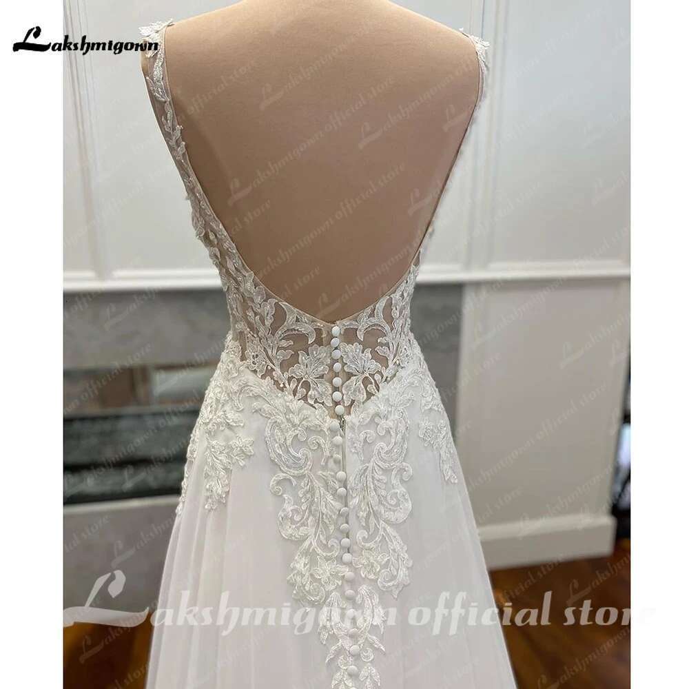 Civil Chiffon Gowns Customized Open Back Bridal Boho Long Wedding Dresses Lace Appliques V Neck Vestido Boda
