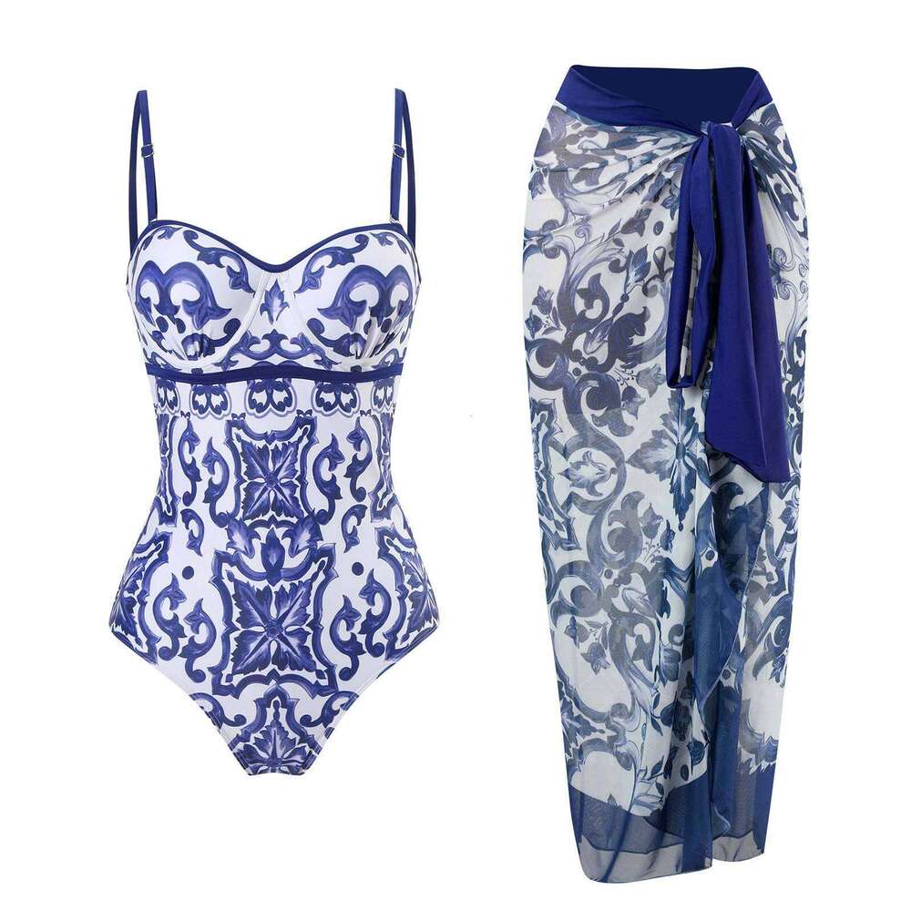 European and American one-piece women's tight fitting slimming retro printed strip steel support hard bag swimsuit chiffon long skirt 2025 new ca