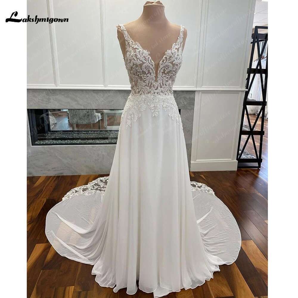 Civil Chiffon Gowns Customized Open Back Bridal Boho Long Wedding Dresses Lace Appliques V Neck Vestido Boda