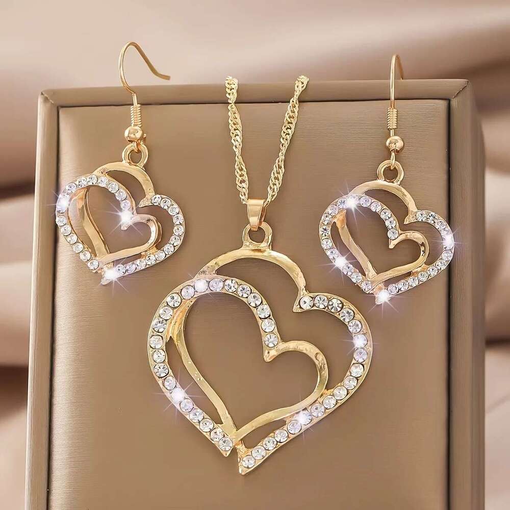 Sparkling Rhinestone Double-Layer Hollow Heart-Shaped Pendant Necklace Women's Temperament Versatile Jewelry Set