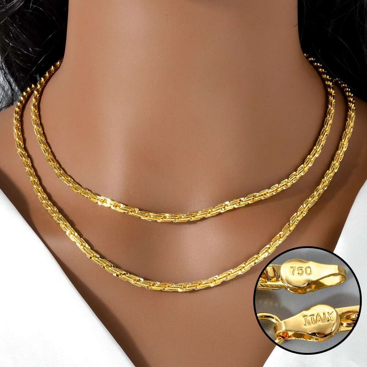 Width 4mm Italian 750 gold Plated textured Dubai Necklace DIY simple jewelry men women party