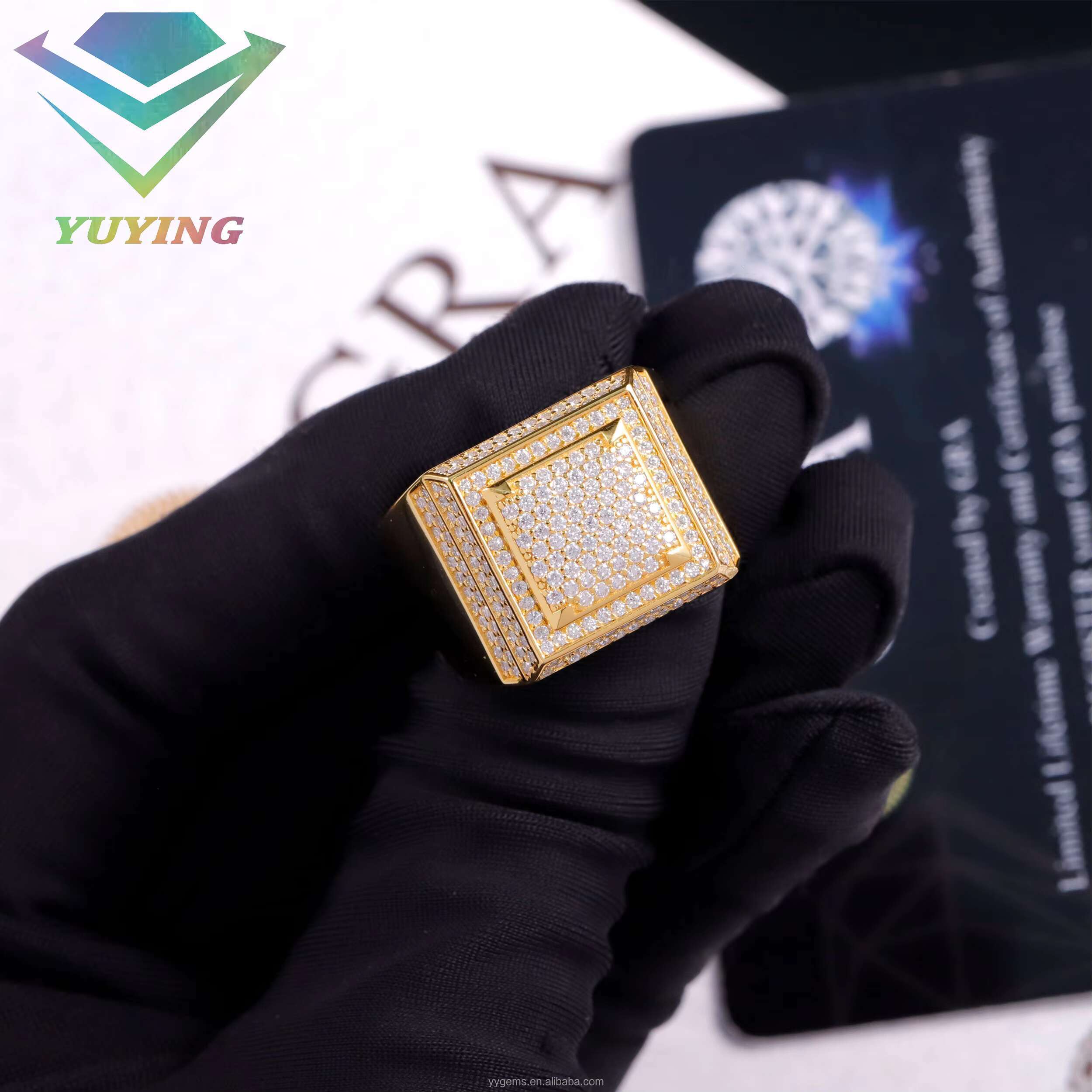 Custom 18k Yellow Gold Color Cuban Ring for Men 925 Sterling Silver Hip Hop Ring Jewelry Pass Tester VVS Moissanite Cuban Ring