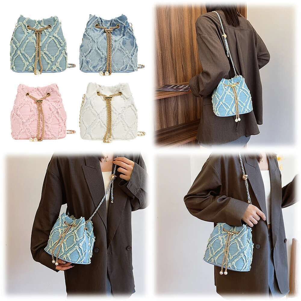 Denim Bucket Dia Pattern Women Shoulder Drawstring Handbag Adjustable Strap Hobo Travel Bag