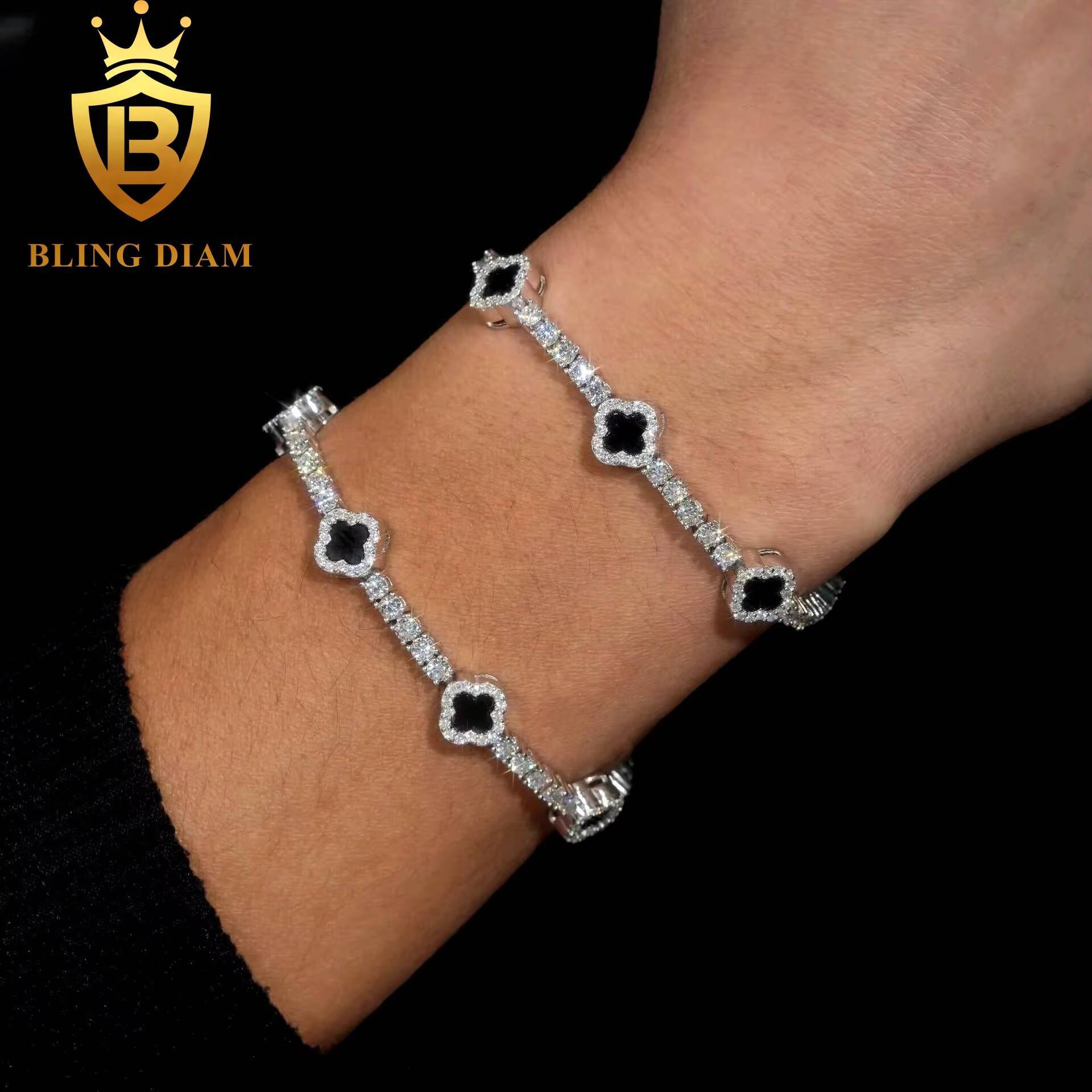 Fashion Black Clover Moissanite Tennis Chain Bracelet 925 Silver 3mm Moissanite Bracelet Pass Diamond test Hip Hop Bracelet