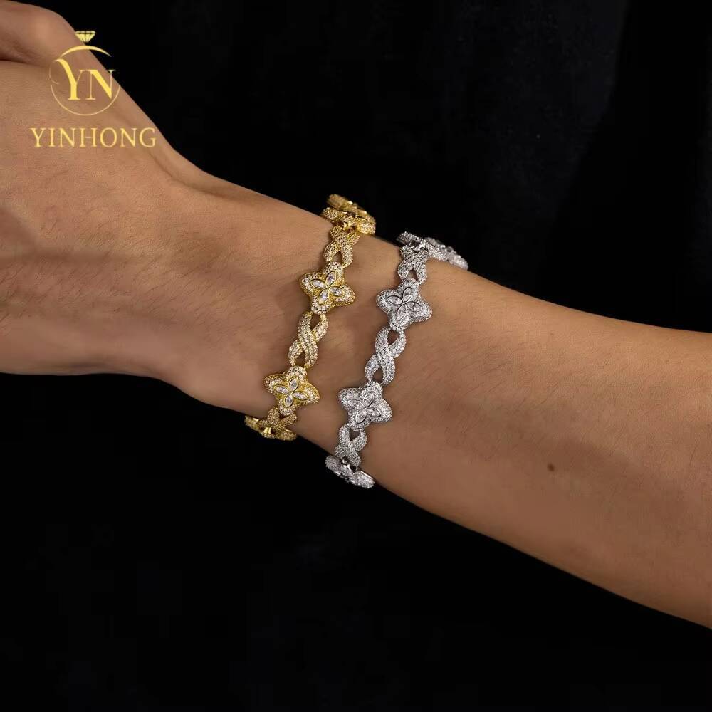 Fine Jewelry Luxury Flower Moissanite Cuban Link Chain Sterling Silver 925 Moissanite Bracelets Hip Hop Mens Jewelry