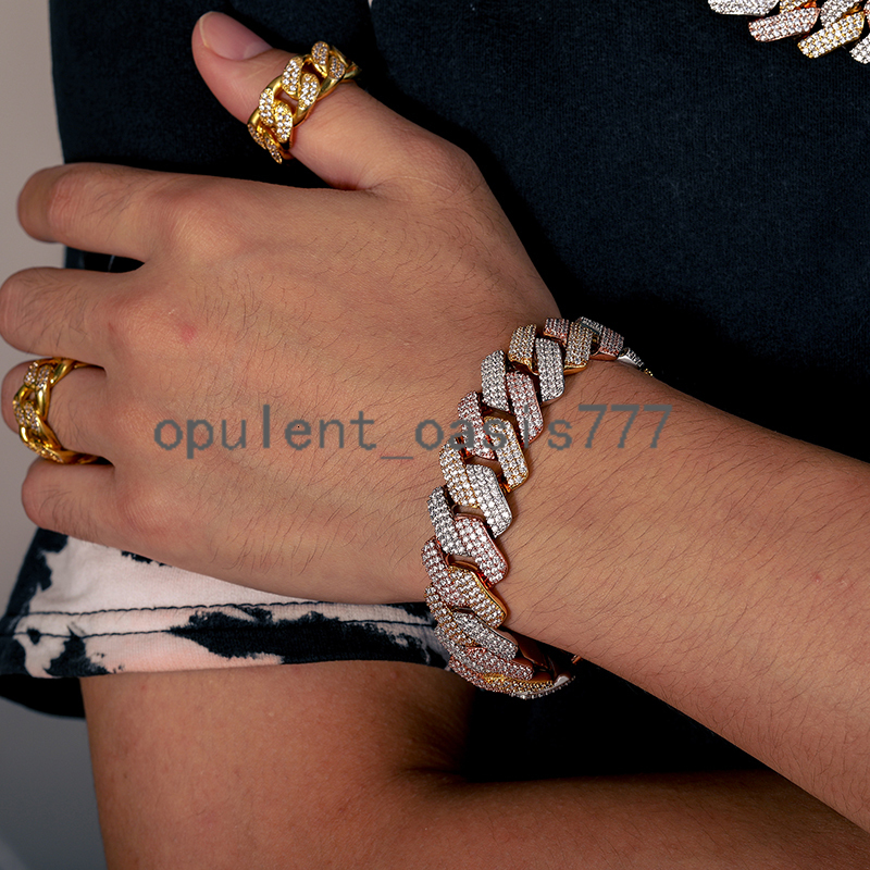 19mm Hiphop Bracelet 2 Tone 3 Rows moissanite Stone Box Buckle 14kt 18k Gold Plated Miami Cuban Link Bracelet for Men