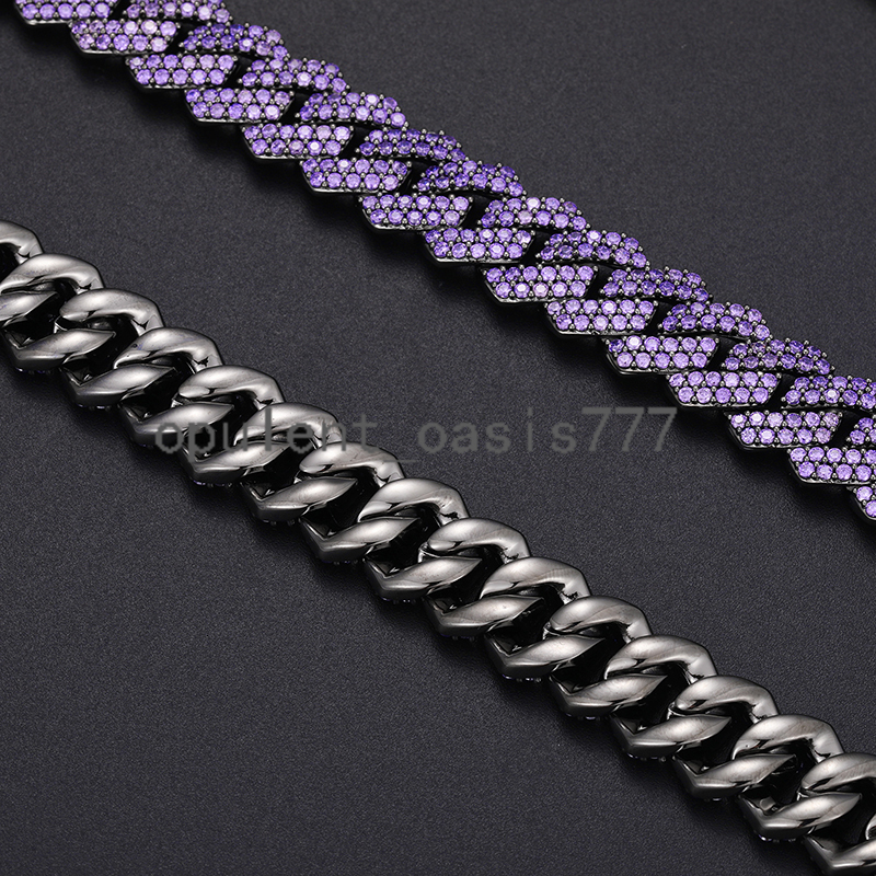 Hip Hop Jewelry 14mm Black Gold Plated Brass Metal Purple moissanite Diamond Iced Out Cuban Link Chain Necklace for Men