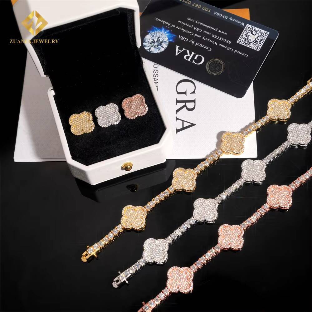 Vintage Bracelet Four Leaf Design Women Jewelry Iced Out S925 Silver 4mm VVS Moissanite Diamond Tennis BraceletEarrings Set