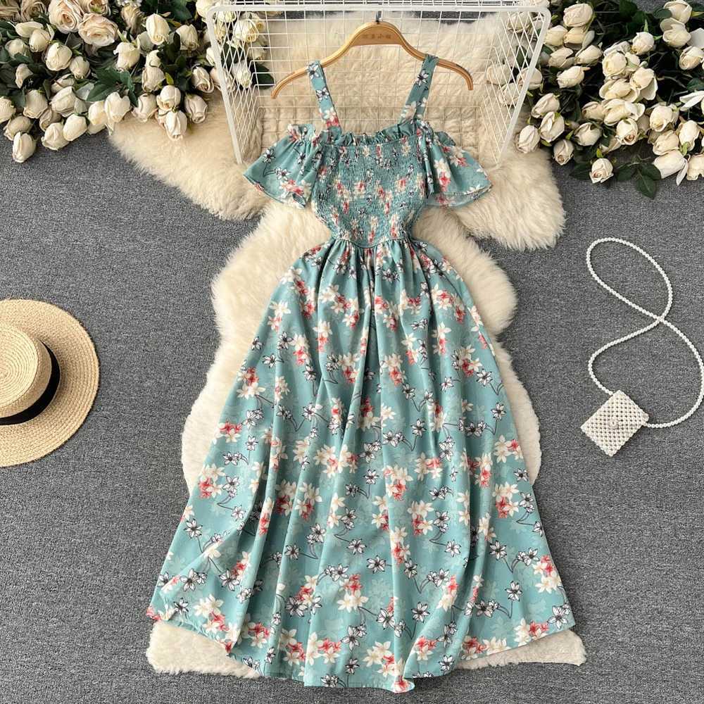 YoooMuoo Fashion Printed Long Summer Dress Womens Vacation Style A-line Shoulder Beach Dress Korean Party Tank Top W250430