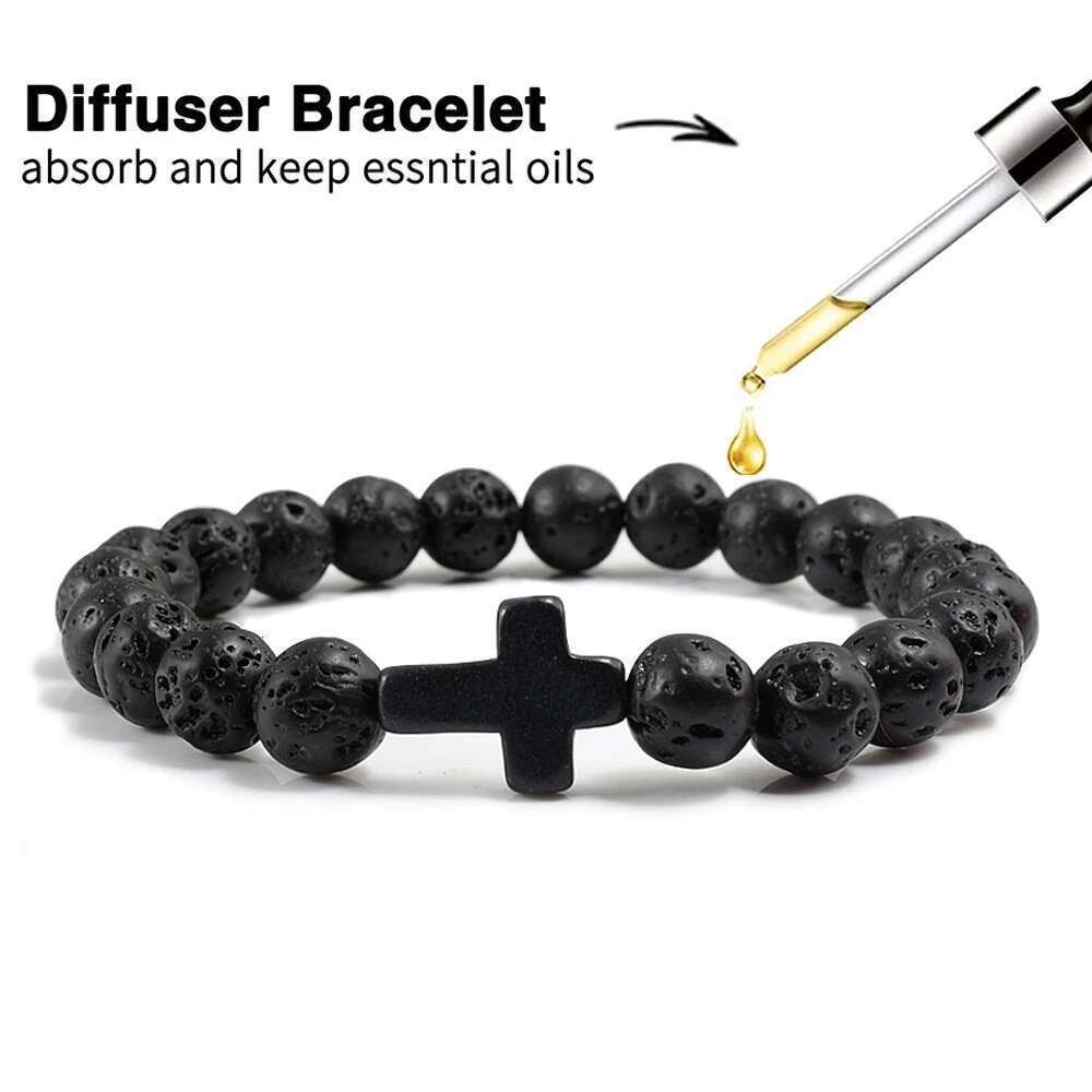 Hot Jesus Cross Bracelets For Women Men Multicolor Natural Turquoise Matte Black Lava Prayer Beads Bangles Handmade Jewelry Gift