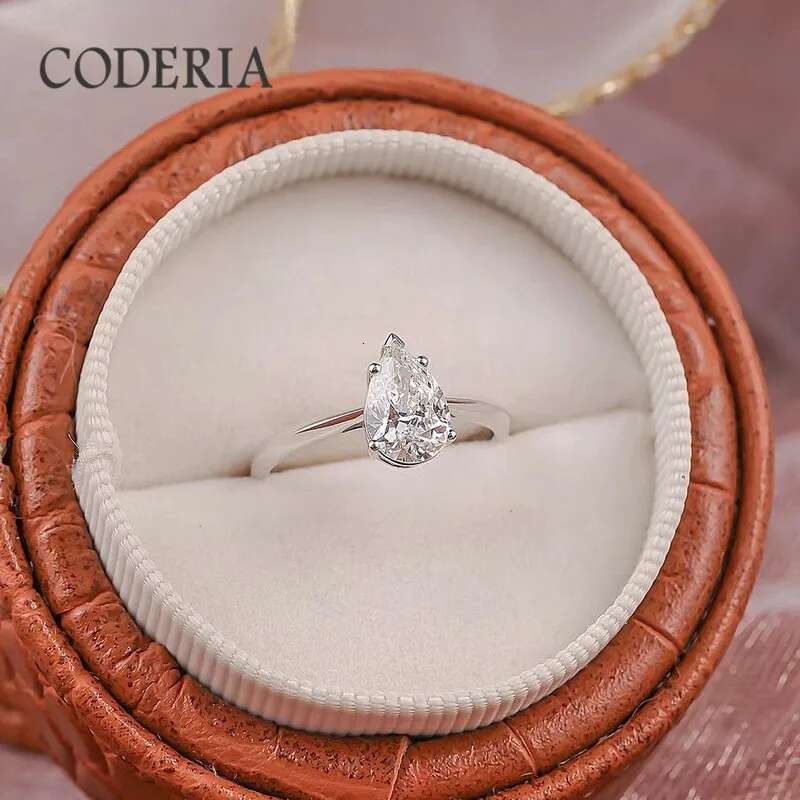 2.0CT Pear Cut Crown Water Drop Moissanite Ring Silver S925 Plated 18K White Gold Wedding Rings Womens Luxury Diamond Jewelry