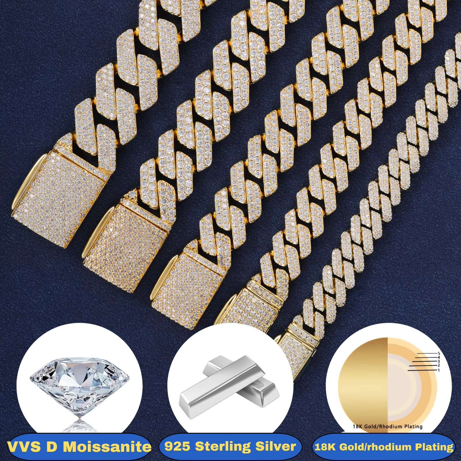 6-18mm Solid 925 Sterling Silver Hip Hop Moissanite Cuban Link Chain Strand Charm Bracelets for Parties Party Gift