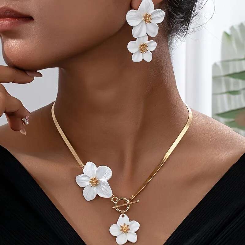 3Pcs/Set Elegant Flower Pendant And Earrings Jewelry Sets Women Necklace Earring Suitable For Holiday Wedding